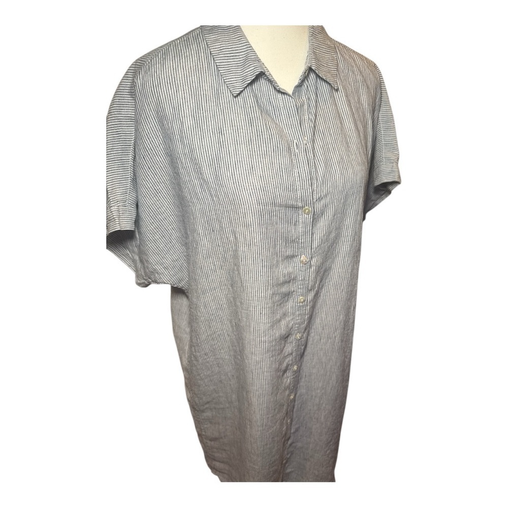 Tahari Railroad Striped Linen ShirtDress Sz L Nautical Blue White Coastal Beach - Picture 4 of 13